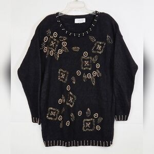 Margules Vintage 80s 90s Gold Beaded Black Knit Sweater sz M